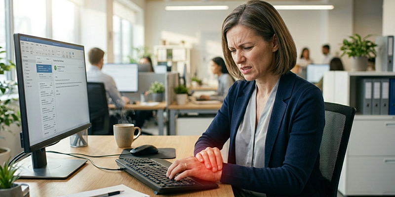 Woman with morning hand stiffness in kitchen